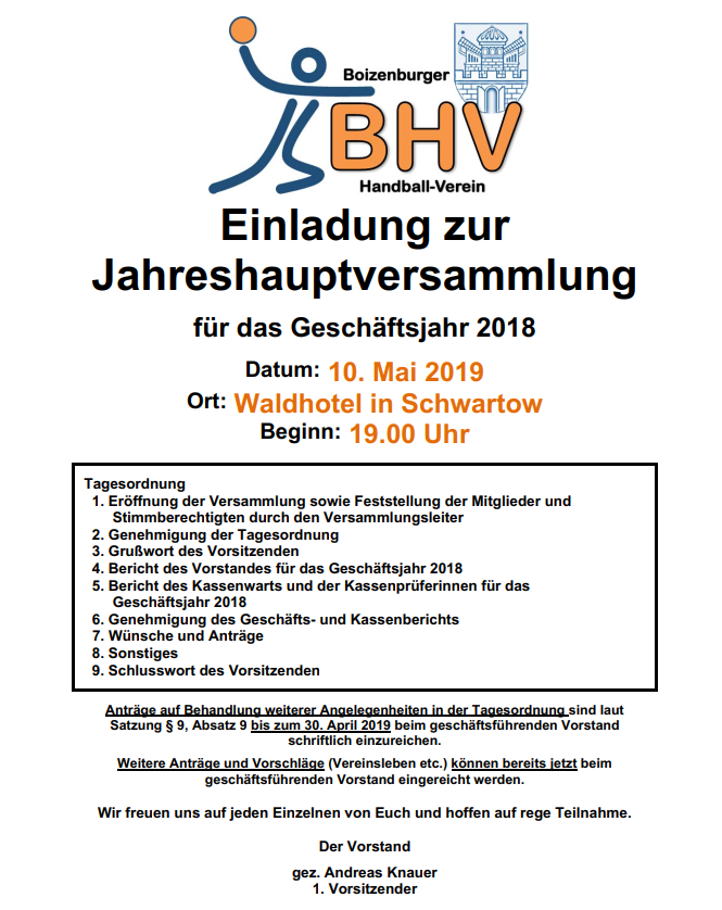 Jahreshauptversammlung Einladung 2019